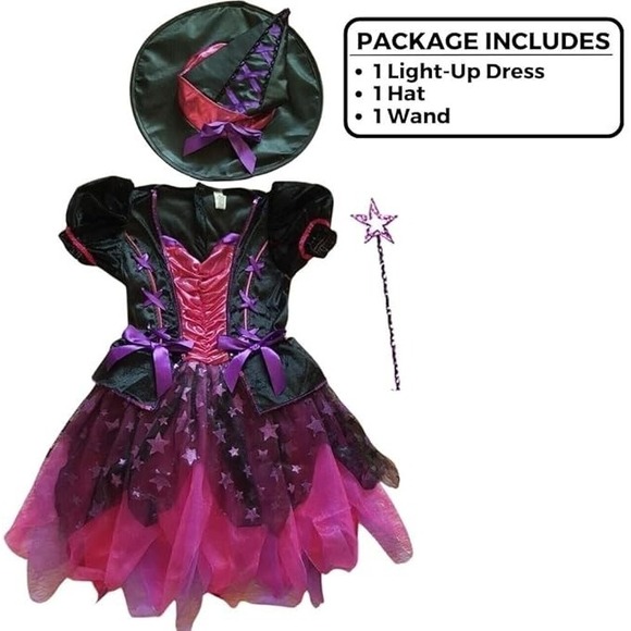 Girls Light-Up Sparkle Witch Costume Medium (8-10) Dress Hat & Wand Purple Pink - Picture 2 of 12